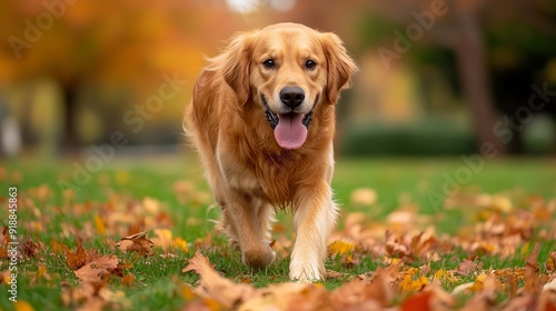 On a crisp autumn day, a purebred Golden Retriever walks gracefully toward the camera in a park. 