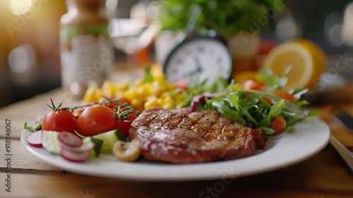 Intermittent fasting IF and ketogenic diet concept with 8hour clock timer for eating nutritional or keto LCHF low carb high fat food meal healthy dish and 16hour skipping meal for weig : Generative AI