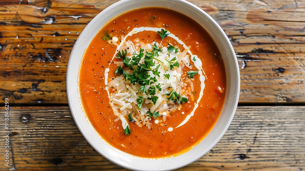 Tomato cream soup decorated with cheese and parsley, top view, vibrant colors, creamy texture, and realistic details, served in a white bowl on a rustic wooden table. Tomato cream soup decorated with cheese and parsley, top view, vibrant colors, creamy texture, and realistic details, served in a white bowl on a rustic wooden table.
