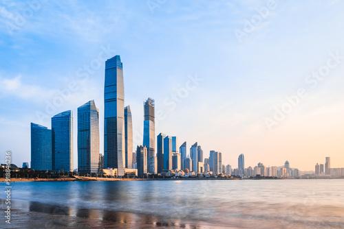 Morning Scenery of the Fushan Bay Coastal Architecture Complex in Qingdao, Shandong, China photo