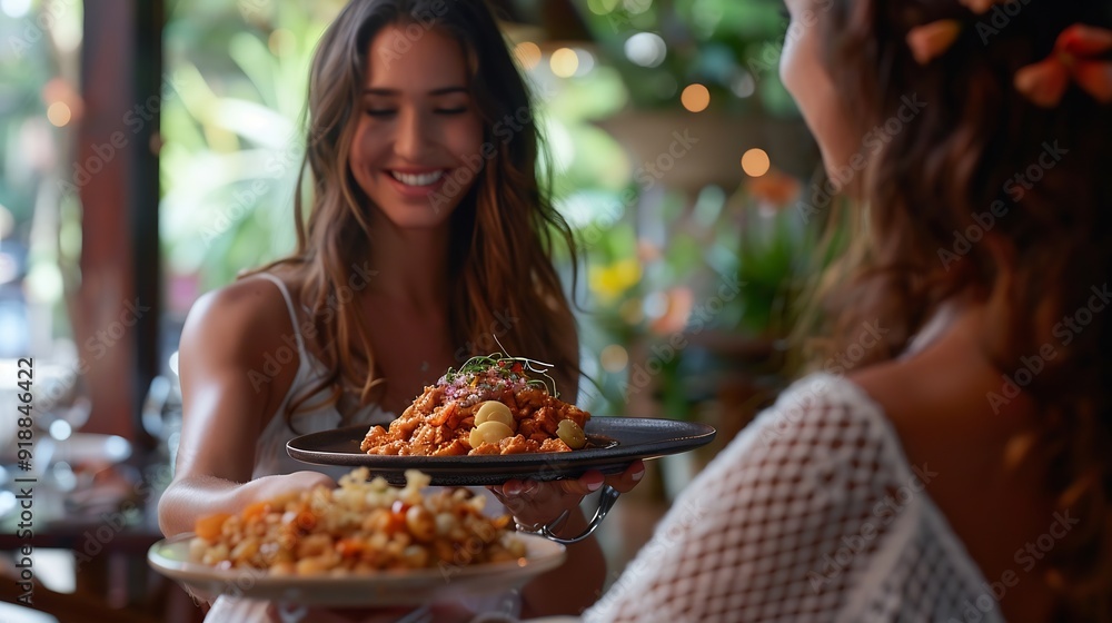 Horizontal image of male hand serving plate of vegetarian dinner in restaurant to a beautiful young woman : Generative AI Horizontal image of male hand serving plate of vegetarian dinner in restaurant to a beautiful young woman : Generative AI