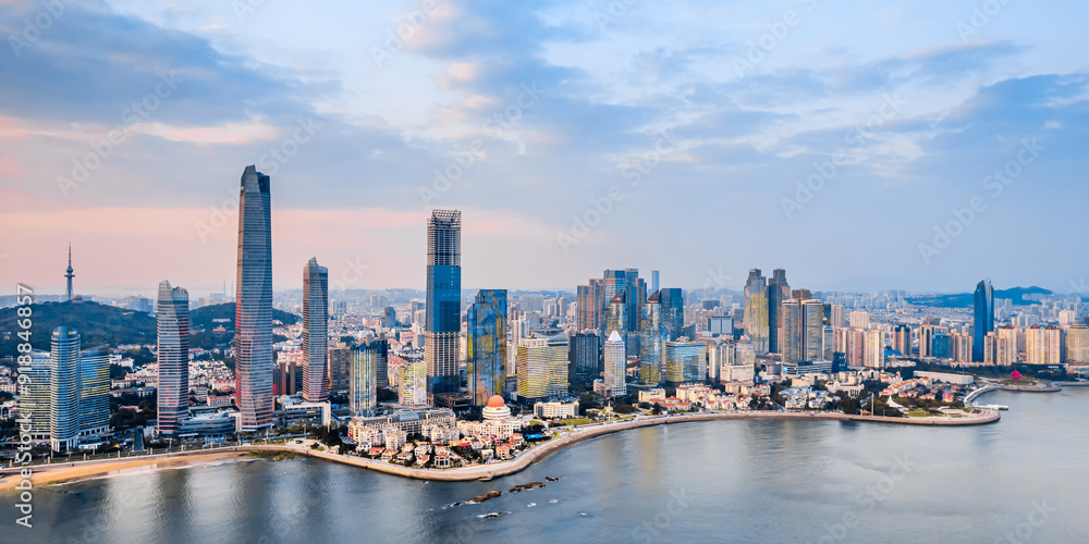 Obraz premium Aerial Scenery of the Coastal Architecture Complex in Fushan Bay, Qingdao, Shandong Province, China