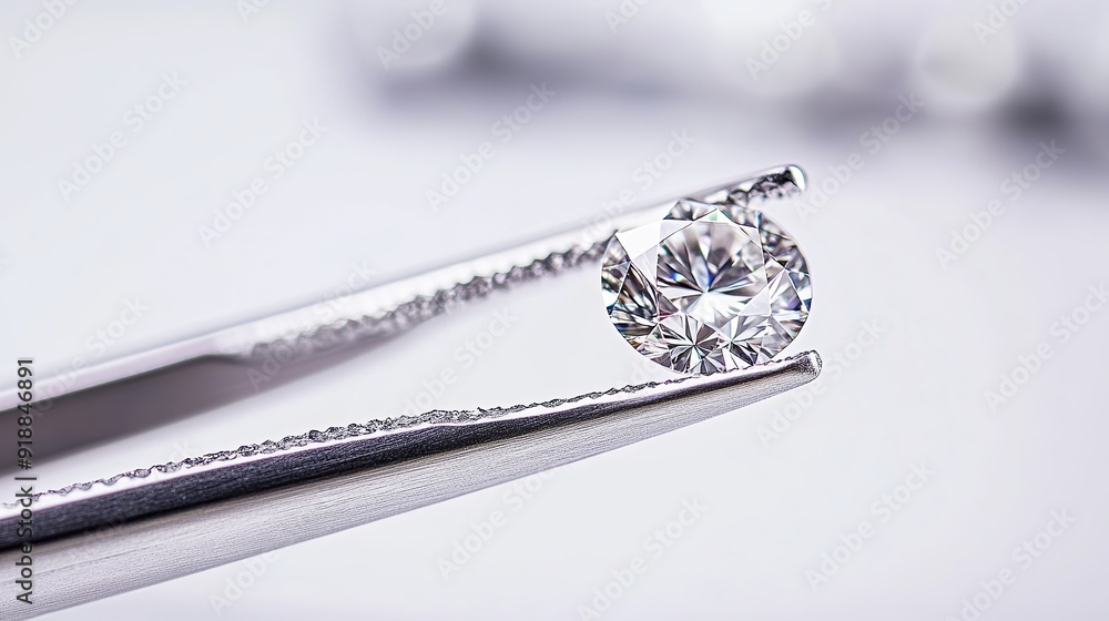 A dazzling diamond is held securely by diamond tweezers against a pristine white background. A dazzling diamond is held securely by diamond tweezers against a pristine white background.