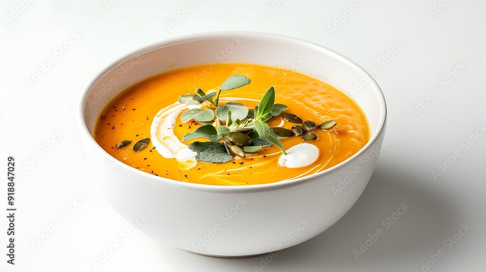 Warm and inviting pumpkin cream soup in a simple white bowl, finished with a touch of cr??me fra?(R)che and a few pumpkin seeds, on a white background. Warm and inviting pumpkin cream soup in a simple white bowl, finished with a touch of cr??me fra?(R)che and a few pumpkin seeds, on a white background.