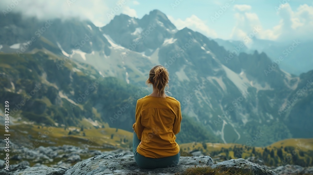 Naklejka premium Mental healthHealing Reflectionsselfcare selflove A woman films herself against background mountains in naturewellnessreducing stressSelf Acceptance : Generative AI