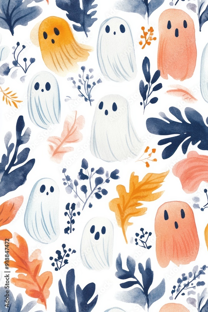 Watercolor illustration, ghosts pattern. Halloween and autumn concept Watercolor illustration, ghosts pattern. Halloween and autumn concept