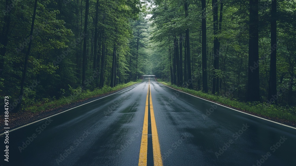 A winding highway meanders through a dense forest, surrounded by lush trees and greenery. A winding highway meanders through a dense forest, surrounded by lush trees and greenery.