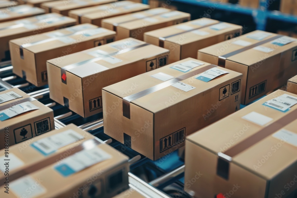 A row of cardboard boxes are stacked on a conveyor belt A row of cardboard boxes are stacked on a conveyor belt