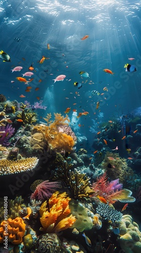 A colorful coral reef with many fish swimming around