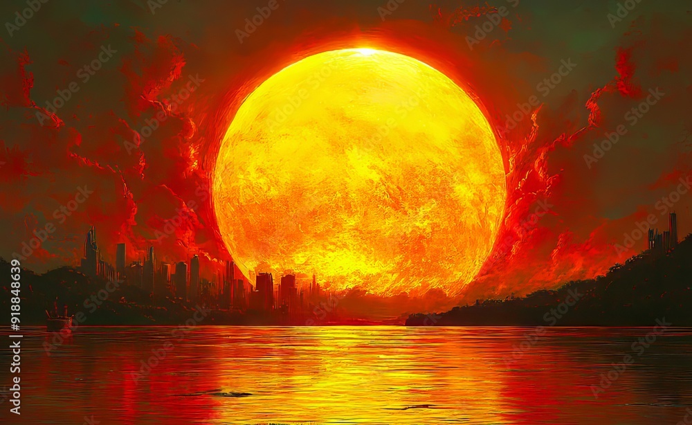 A painting of a sunset over a body of water with a city in the background A painting of a sunset over a body of water with a city in the background