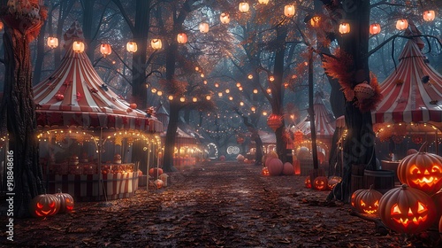 Classic Halloween carnival with old-fashioned games like ring toss and fortune-telling booths under striped tents.