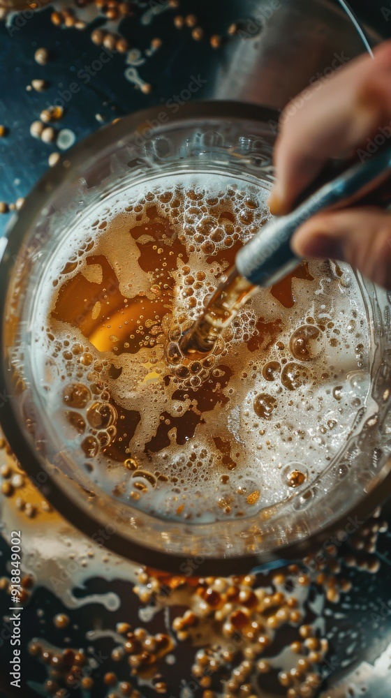 A glass of beer with foam on top and a spoon in it A glass of beer with foam on top and a spoon in it