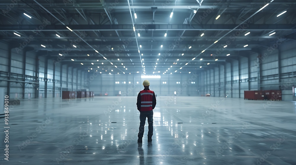 Obraz premium Man in industrial hangar Warehouse worker with laptop Contractor inside empty warehouse Loading equipment behind worker Man inspects empty hangar Location of future logistics center : Generative AI