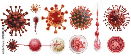 Collection of diverse virus illustrations, showcasing various shapes, sizes, and structures in vivid colors, emphasizing health themes. photo