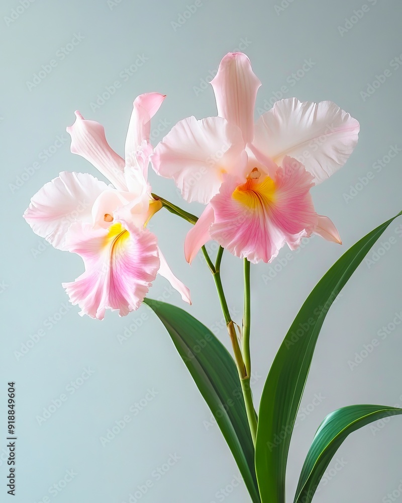 Naklejka premium A pink and white flower with green leaves on a blue background