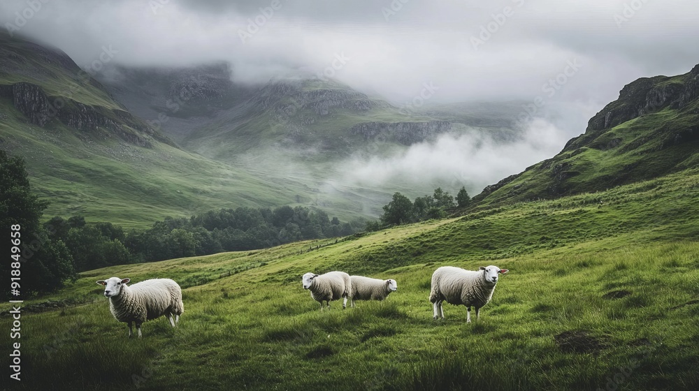 Fototapeta premium Sheep grazing in the picturesque Lake District, surrounded by rolling hills and tranquil lakes.