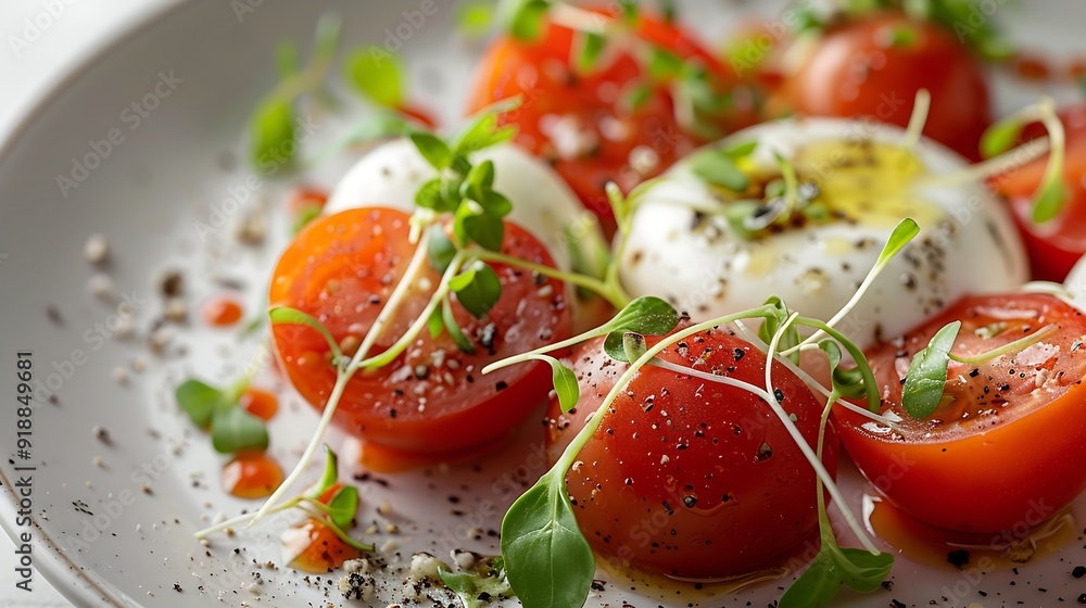 Tomato Caprese salad with mozzarella and micro sprouts on white background : Generative AI Tomato Caprese salad with mozzarella and micro sprouts on white background : Generative AI