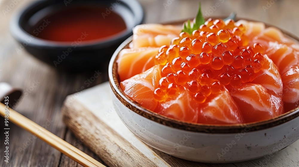Tuna sashimi dipped in soy sauce, adorned with salmon roe, presented on an old white wooden board. Tuna sashimi dipped in soy sauce, adorned with salmon roe, presented on an old white wooden board.