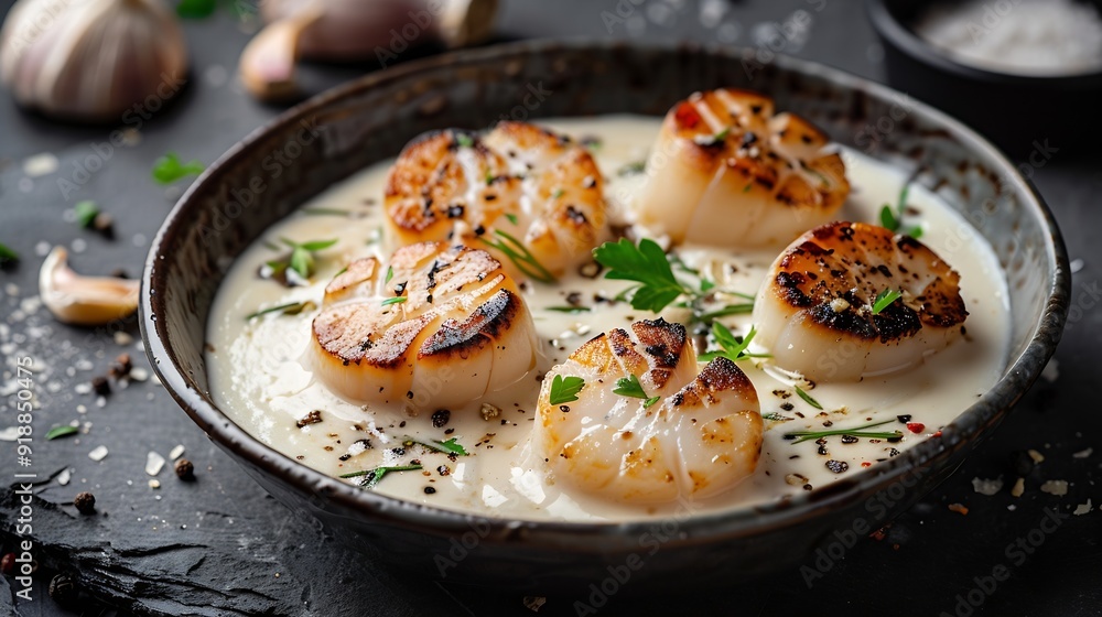 Fancy appetizer of grilled sea scallops in creamy sauce Roasted sea scallops in cheese espuma in ceramic bowl on black concrete background Seafood menu Delicatessen sea scallop on dark : Generative AI Fancy appetizer of grilled sea scallops in creamy sauce Roasted sea scallops in cheese espuma in ceramic bowl on black concrete background Seafood menu Delicatessen sea scallop on dark : Generative AI