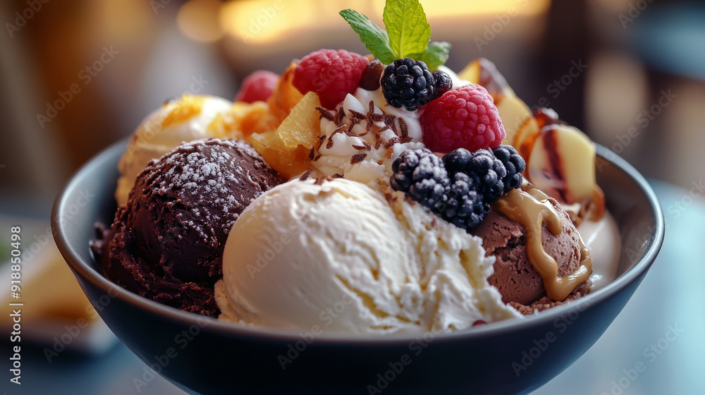 A bowl of ice cream with chocolate and vanilla ice cream and raspberries on top A bowl of ice cream with chocolate and vanilla ice cream and raspberries on top