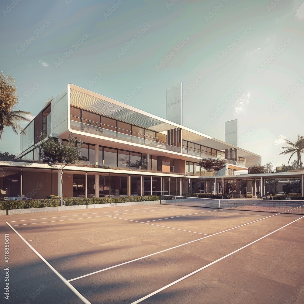 Modern house with tennis court in the backyard. Modern house with tennis court in the backyard.
