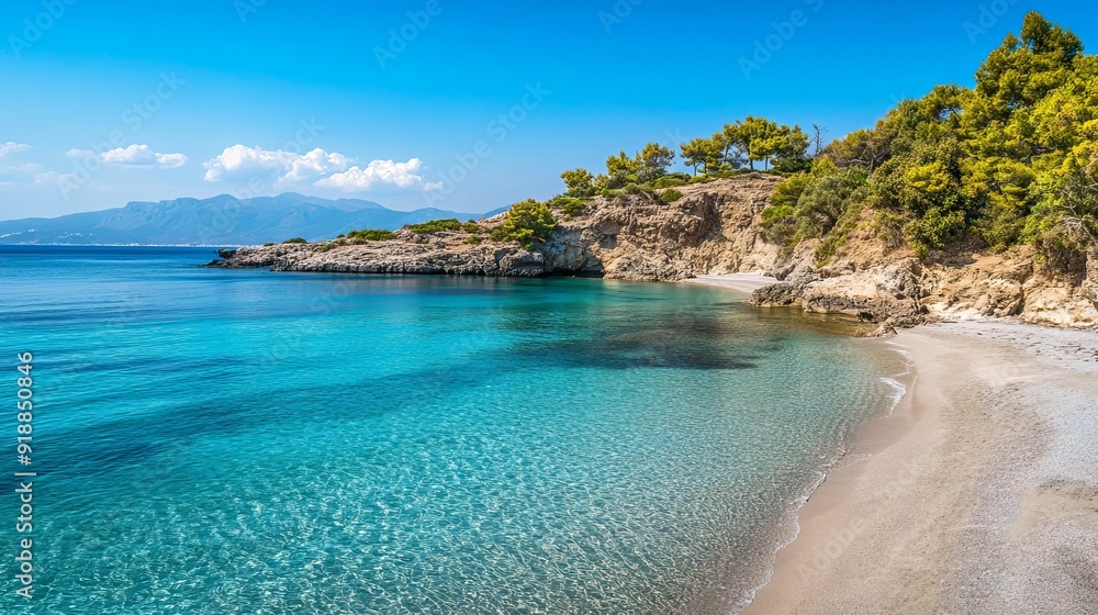 Fototapeta premium Voulisma Beach is a well-known destination featuring fine sand and shallow, turquoise waters, located in Mirabello Bay near the city of Agios Nikolaos, in Lasithi, Crete, Greece.