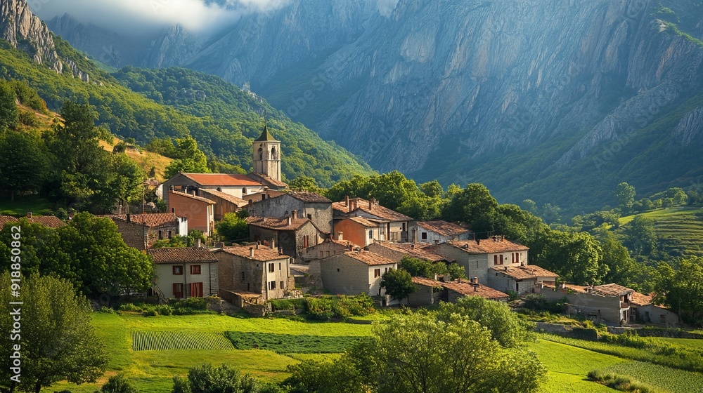 Obraz premium The village of Bulnes in Spain is a picturesque and remote mountain hamlet nestled in the heart of the Picos de Europa National Park.