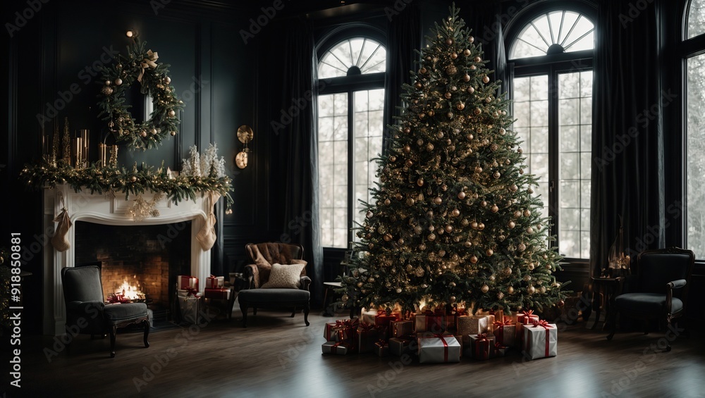 Christmas tree in black room interior Christmas tree in black room interior