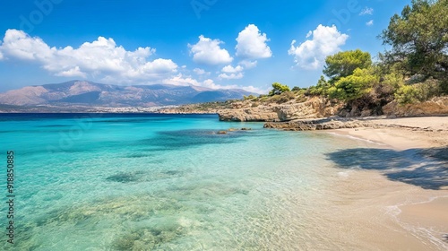 Voulisma Beach is a well-known destination featuring fine sand and shallow, turquoise waters, located in Mirabello Bay near the city of Agios Nikolaos, in Lasithi, Crete, Greece.