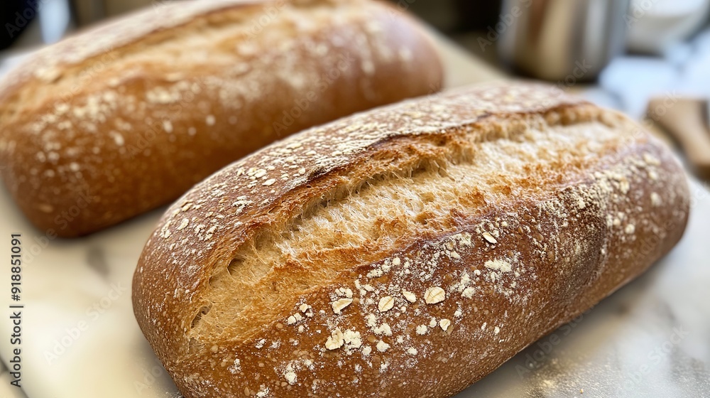 A loaf of whole wheat bread, rich in texture and color, sits on a wooden cutting board. A loaf of whole wheat bread, rich in texture and color, sits on a wooden cutting board.