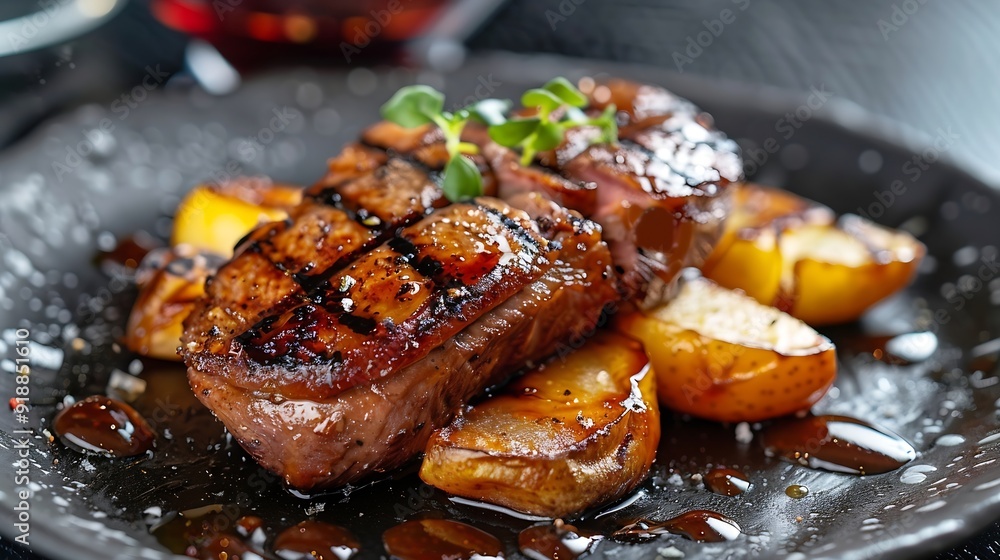 Roasted duck breast fillet on caramelized apples the dish lies on a black plate on a black background glass of red wine : Generative AI Roasted duck breast fillet on caramelized apples the dish lies on a black plate on a black background glass of red wine : Generative AI