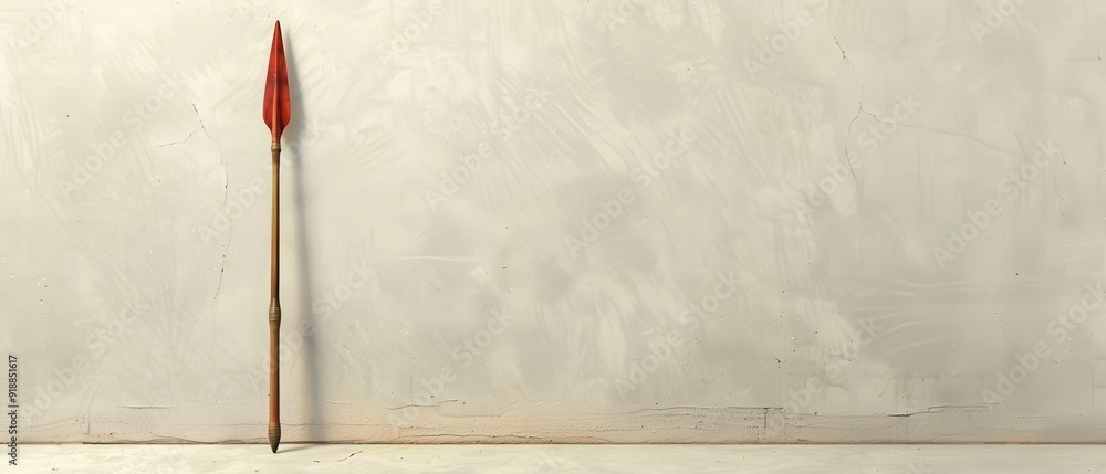 A red spear is standing in front of a white wall A red spear is standing in front of a white wall