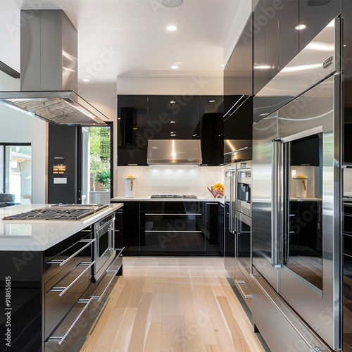 Modern kitchen with sleek black cabinets, stainless steel appliances, and white countertops.