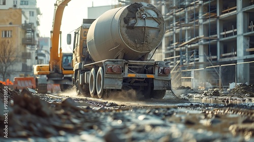 Industrial Machinery at Work as Cement Mixer Truck Heads to Construction Zone : Generative AI