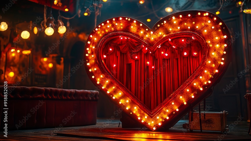 A large heart shaped lighted sign in front of a stage with a red curtain A large heart shaped lighted sign in front of a stage with a red curtain