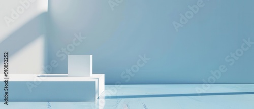 Fototapeta Naklejka Na Ścianę i Meble -  A white cube sits on a blue floor in front of a white wall