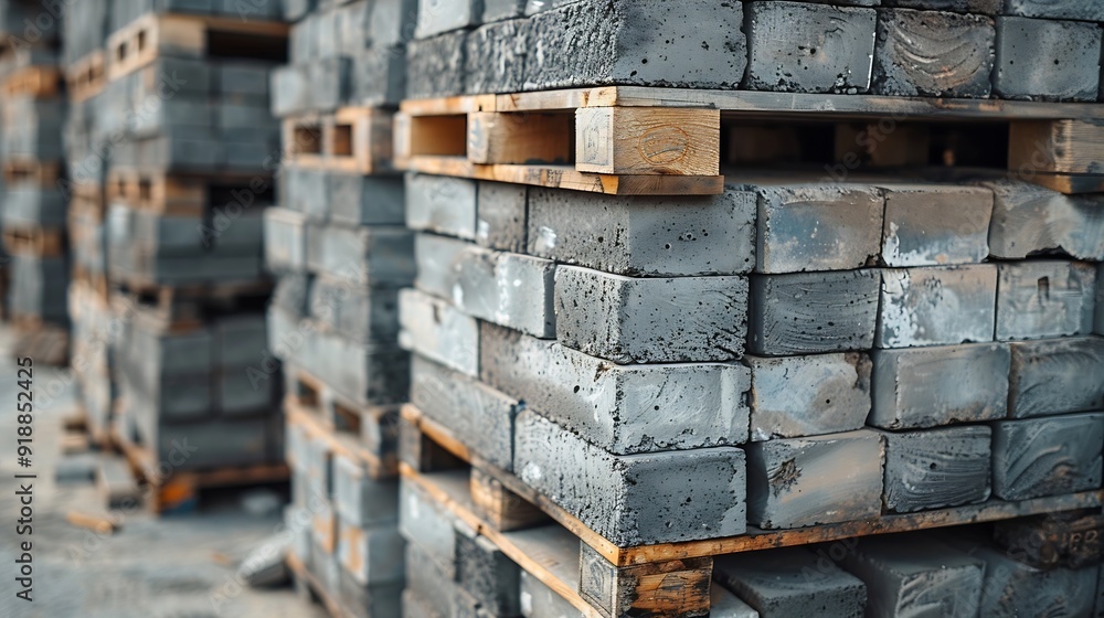 Concrete Cinder Blocks in Industrial Pallets Grey brick Shapes building material New for use on construction site or store in europe : Generative AI Concrete Cinder Blocks in Industrial Pallets Grey brick Shapes building material New for use on construction site or store in europe : Generative AI