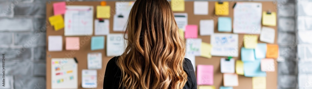 A focused woman stands in front of a bulletin board filled with colorful notes and reminders, inspiring productivity and creativity.