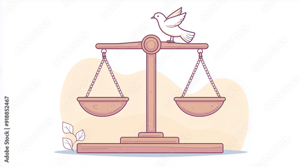 A simple illustration of a balance scale with a dove perched on top, symbolizing peace and justice. The scales are evenly balanced A simple illustration of a balance scale with a dove perched on top, symbolizing peace and justice. The scales are evenly balanced