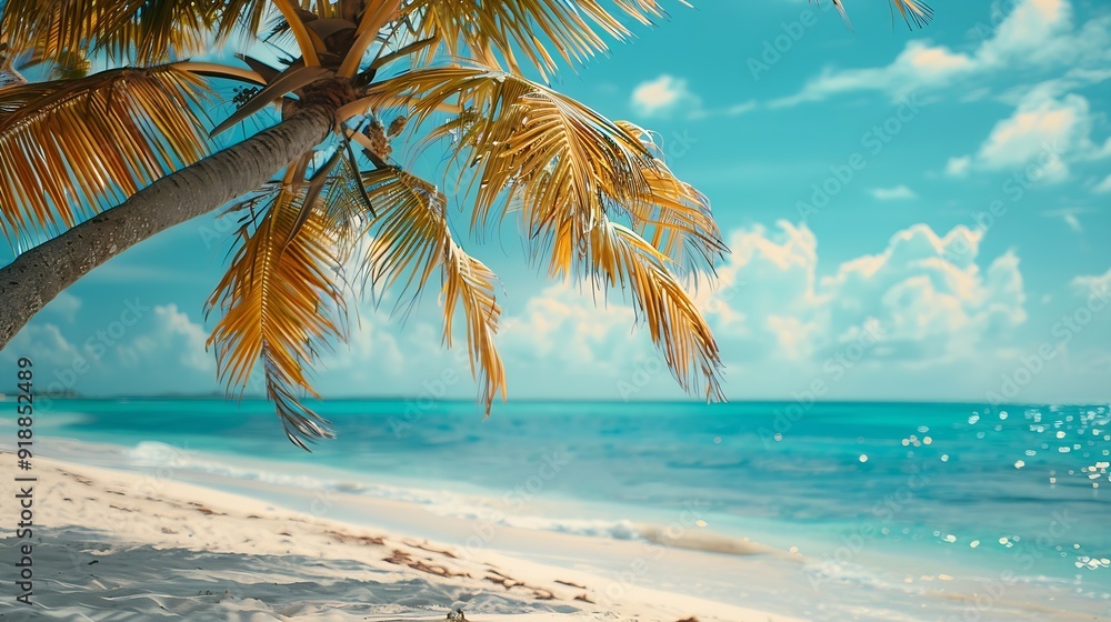 Fototapeta premium Amazing palmtree in Mexico on one of the beaches of Isla Mujeres The aqua blue water and white beach makes it such a beautiful place : Generative AI