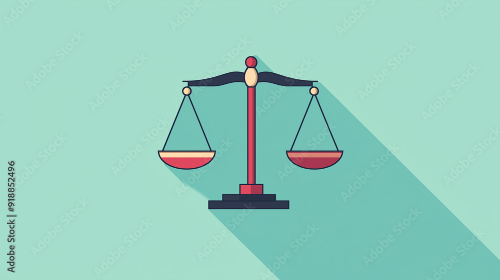 A minimalistic illustration of a balance scale with a red and yellow color scheme, casting a long shadow on a mint green background. A minimalistic illustration of a balance scale with a red and yellow color scheme, casting a long shadow on a mint green background.