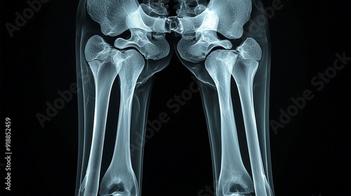 X-ray image of the lower human skeleton showing hip joints and upper leg bones, highlighting bone structure and medical examination. photo