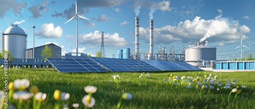 A large industrial plant with a solar panel on the ground