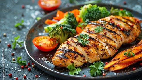 Grilled chicken with riceberry and broccoli boiled carrots sliced red tomatoes : Generative AI photo