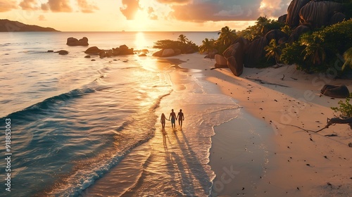 Anse Source dArgent beach La Digue Island Seyshelles Drone aerial view of La Digue Seychelles bird eye viewof tropical Island couple men and woman walking at the beach during sunset at : Generative AI photo