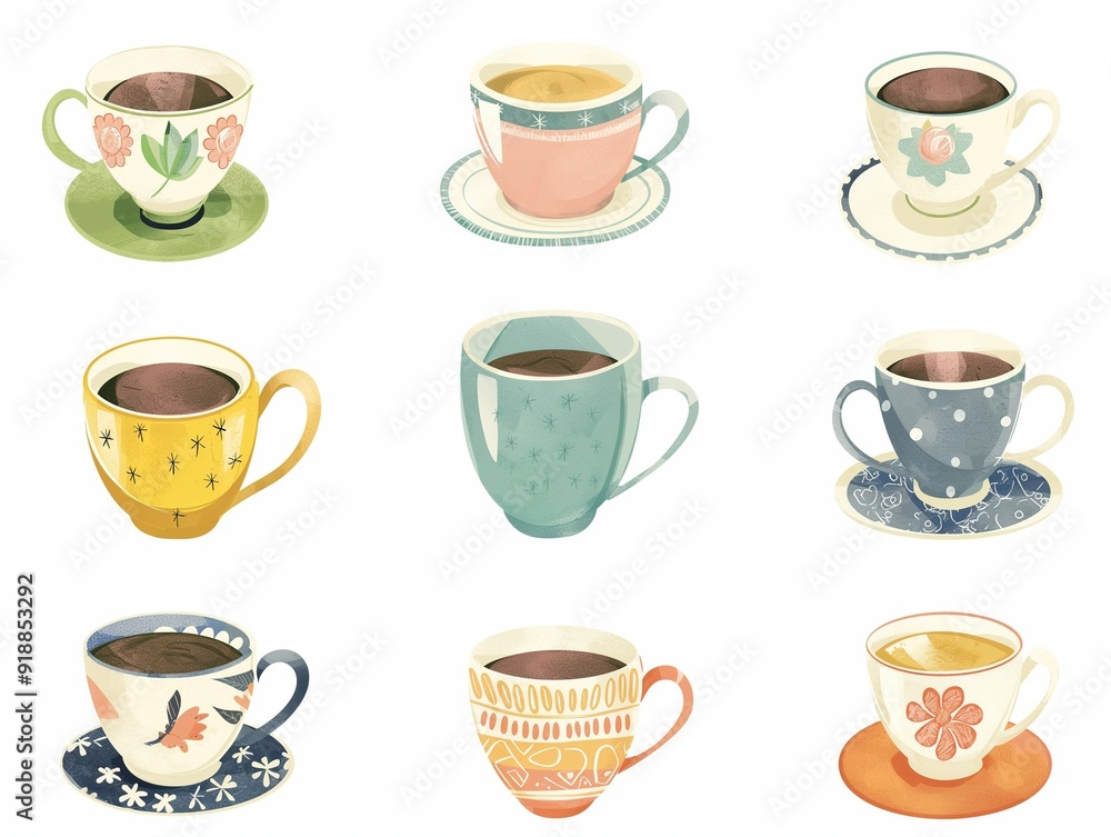 Set of various cup of tea simple illustration. AI generated Set of various cup of tea simple illustration. AI generated