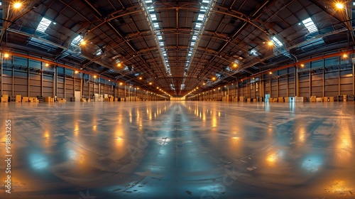 full seamless spherical hdri panorama 360 degrees in interior of large empty room as warehouse hangar or gallary with spotlights in equirectangular projection VR AR concept : Generative AI