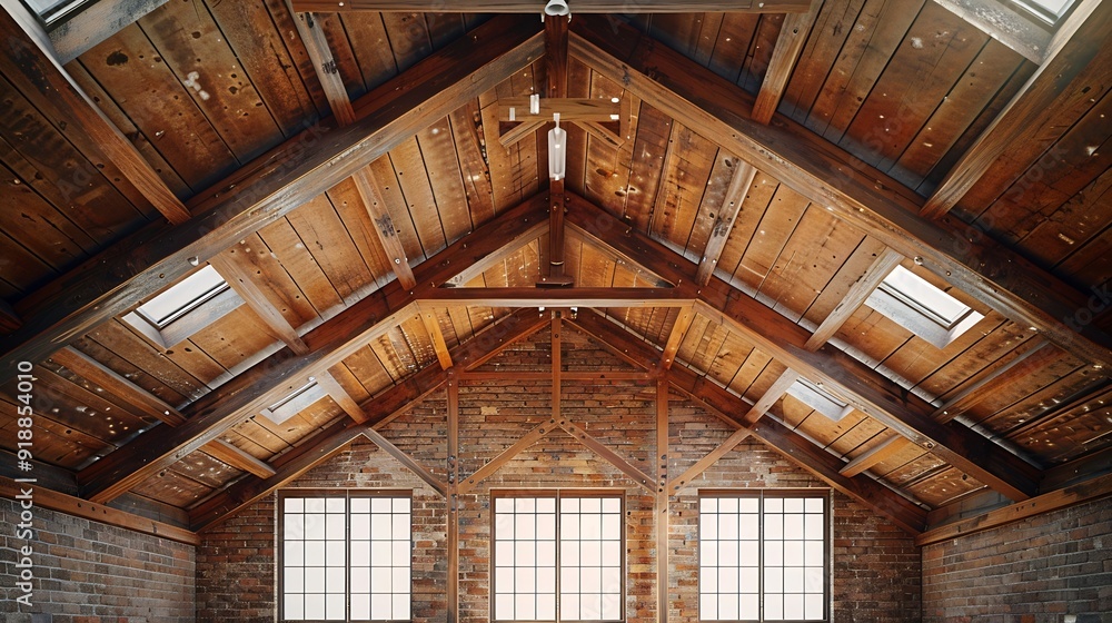 Obraz premium Gable roof truss of a large vintage factory hall Roofing construction sheathing made of wooden planks Brick walls and arcade windows Industrial interior : Generative AI