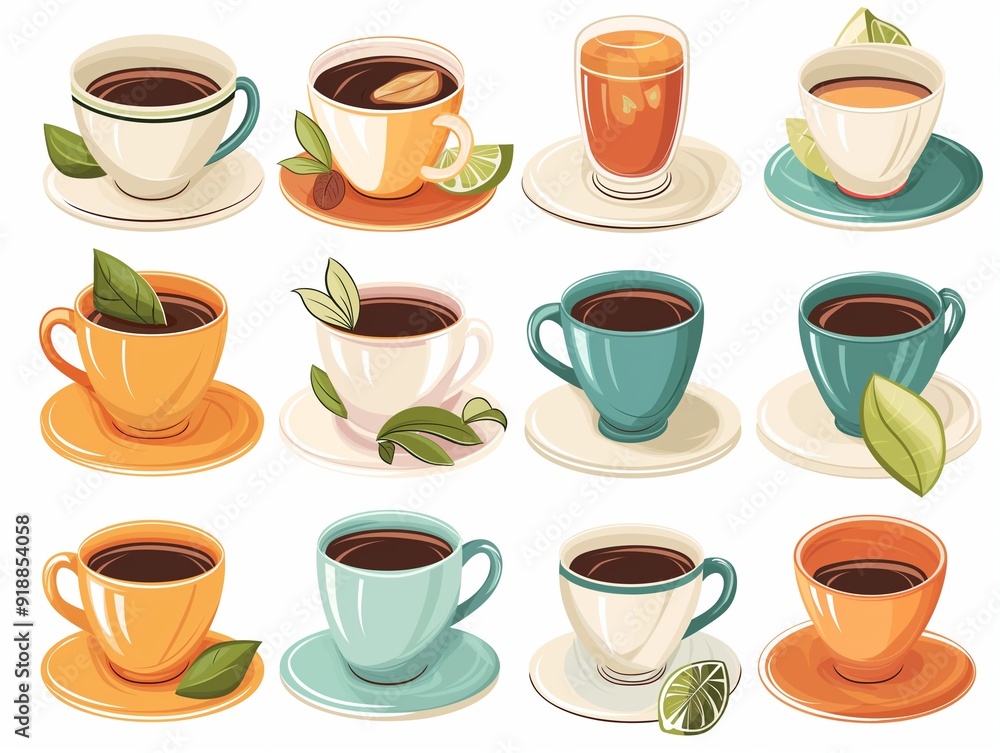 Set of various cup of tea simple illustration. AI generated Set of various cup of tea simple illustration. AI generated