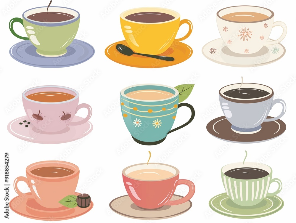 Set of various cup of tea simple illustration. AI generated Set of various cup of tea simple illustration. AI generated